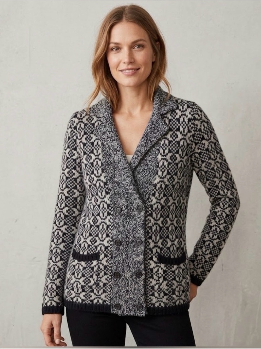 Fair Isle Double Breasted Knit Cardigan Sweater Jacket Lapel Pocket Black Cream